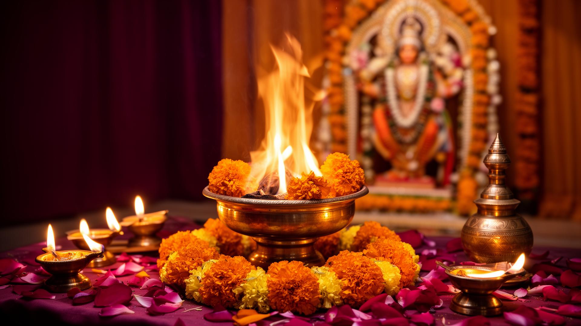 Sacred hawan ceremony with marigold flowers and brass diyas